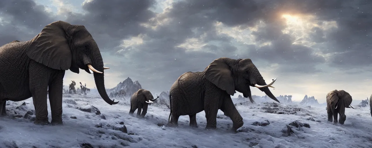 Prompt: African war elephants wearing battle armor fighting in snow mountain landscape, beautiful dynamic lighting, cinematic, wide angle establishing shot, extremely high detail, photo realistic, cinematic lighting, post processed, concept art, artstation, matte painting, style by frederic church, raphael lacoste, unreal engine 8k
