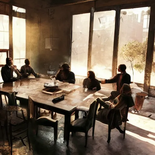 Image similar to a table with 1 0 people all sitting, buisness, vintage decor, illumanati, serious, craig mullins, warm sunlight threw the roof, dust particles illuminated in the sun beam,