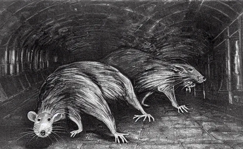 Image similar to very large giant mutant zombie rat with cancer in tonnel of moscow metro. extreme high detail. low dark light, scary atmosphere. 1 9 7 0