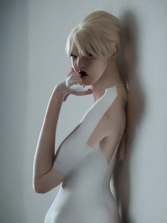 Prompt: studio photo of gorgeous seductive tall emily skinner cosplaying annie leonhart wearing tight white wet dress, in a white room, beautiful face, pale skin, rule of thirds, cinematic lighting, sharp focus, backlit, stunning, smooth, hard focus, full body shot