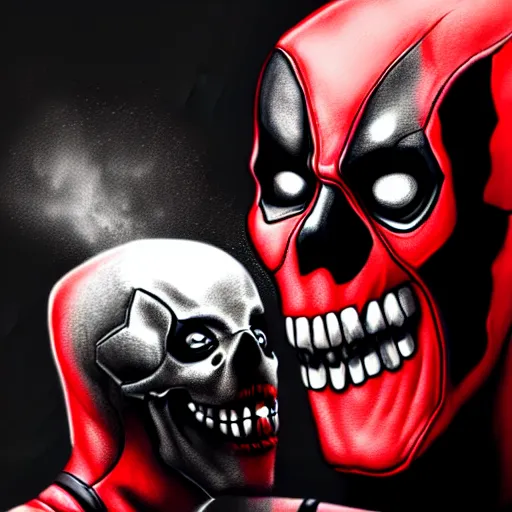 Image similar to Death drinking from deadpool\'s skull with deadpool laughing, 8k, cgsociety