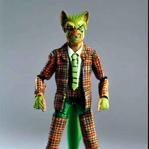 Image similar to plastic wolfman action figure with faded green face dressed in a plaid suit. 1 9 7 9 vintage