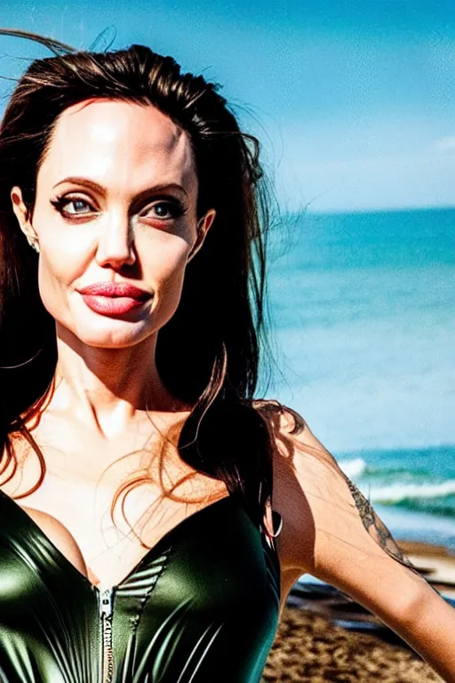 Prompt: close up headshot of angelina jolie as Nico Robin from One Piece standing on a beach, cosplay, photograph by Mario Testino