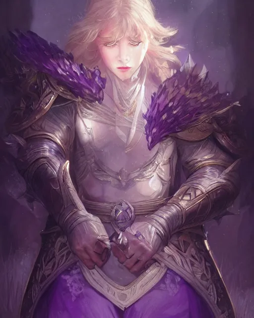 Prompt: Portrait of a Fantasy amethyst knight, moonlit, HD, illustration, epic, D&D, fantasy, intricate, elegant, highly detailed, digital painting, artstation, concept art, smooth, sharp focus, illustration, art by artgerm and greg rutkowski and alphonse mucha, monster hunter illustrations art book