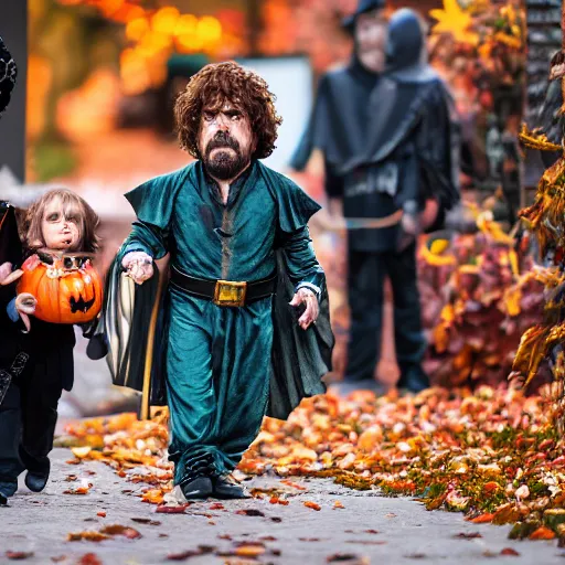 Image similar to peter dinklage trick or treating on halloween, ( sony a 7 r iv, symmetric balance, polarizing filter, photolab, lightroom, 4 k, dolby vision, photography awardm, voque, perfect face )