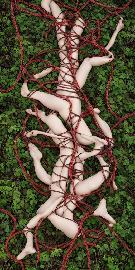 Image similar to beautiful painted female bodies intertwined, shibari ropes wrapped around bodies, bodies lying on the forest floor, surrealism, abstract, no face