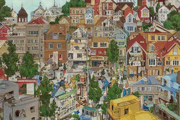 Image similar to an elaborate and dense painting of a peaceful neighborhood, detailed, made of alcohol ink on parchment and penned illustrations, by wes anderson and geoff darrow