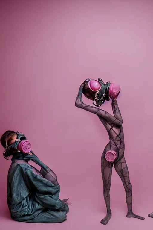 Image similar to a surreal portrait of intertwined and contorted figures wearing gas mask next to a pink wall in the style of brooke didonato, editorial fashion photography from vogue magazine, full shot, nikon d 8 1 0, ƒ / 2. 5, focal length : 8 5. 0 mm, exposure time : 1 / 8 0 0, iso : 2 0 0