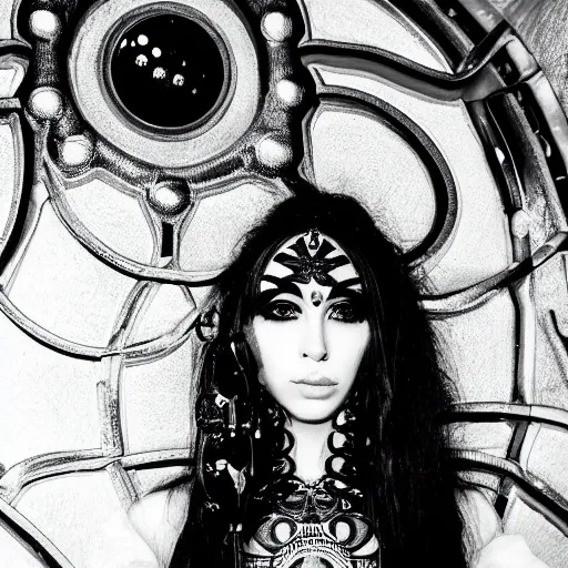 Image similar to intricately detailed photo portrait of the most beautiful female goddess of rave, symmetrical composition, taken with leica 0-series no. 105