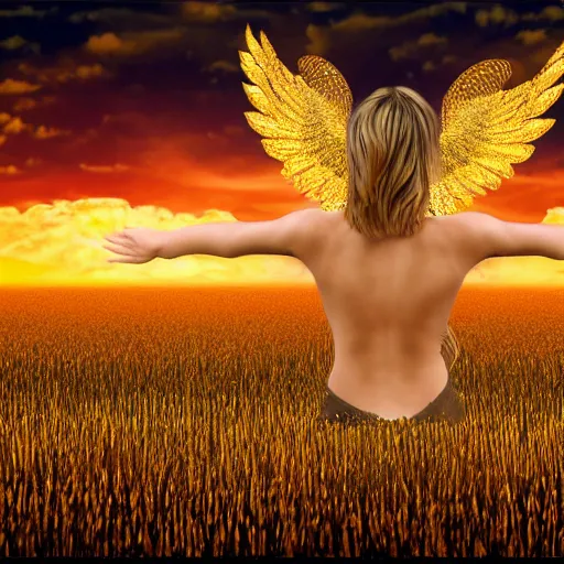 Image similar to fractal landscape golden clouds field of us coins beatific blonde woman with wings high detail 8 k