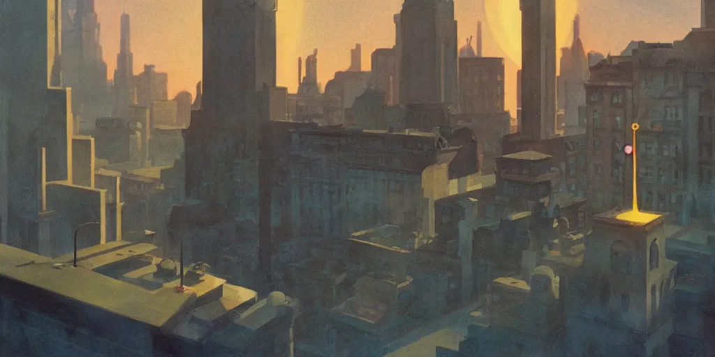 Image similar to A mysterious glowing and powerful atom shines above a city square, dieselpunk, by Studio Ghibli and Edward Hopper