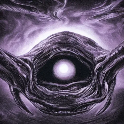 Image similar to A monster from within a black hole, alien in nature, brutal and vast, powerful and hungry :: by Mike Deodata