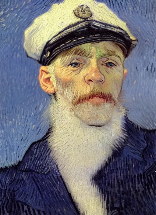 Image similar to portrait of a very old sailor with white hair and captain's hat, asleep, detailed realism face in painting, detailed beautiful portrait, expressionist oil painting masterpiece, 8 k resolution, smooth, sharp focus, pastel color palette, trending on artstation, by van gogh