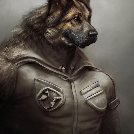 Image similar to a wounded humanoid german shepherd beast - man in military style, sitting on the bed, highly detailed portrait, digital painting, artstation, concept art, smooth, sharp foccus ilustration, artstation