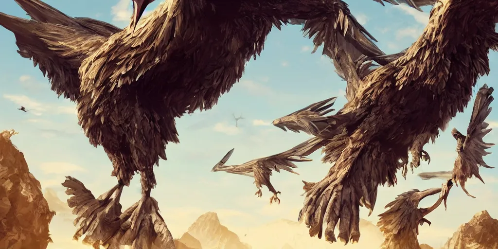 Prompt: giant bird creatures coming from the sky, eating humans, digital art, concept art, trending on artstation, 4 k, hd, cinematic, detailed