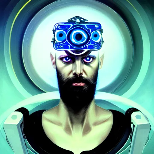 Image similar to bearded man with extremely large and intricate eye cyberpunk bionics with angry blue eyes and slim features looking askance, eye cyberpunk bionics, retro futurist style, intricate, elegant gleaming intricate baroque jewelry, angelic halo, highly detailed, digital painting, artstation, concept art, smooth, sharp focus, illustration, art by wlop, mars ravelo and greg rutkowski,