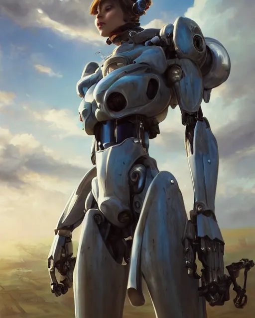 Image similar to daniel gerhartz and artgerm portrait digital rococo painting of a beautiful serious woman wearing a mecha suit, war torn battlefield in the background, glinting sunlight, unreal engine, hyper realism, realistic shading, cinematic composition, blender render, octane render, hdr, detailed textures, photorealistic, wide portrait shot, 3 5 mm film