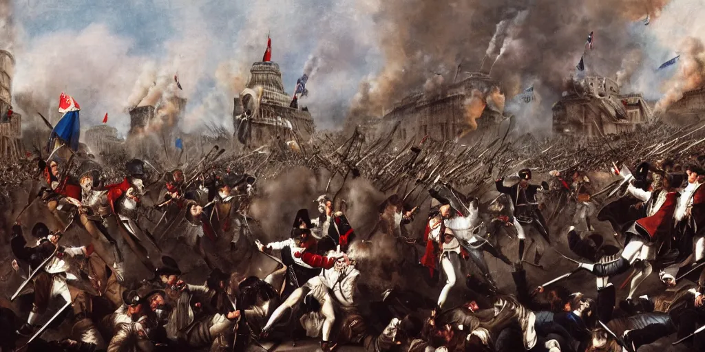 Image similar to fashion editorial french revolution storming of the Bastille. wide angle shot. highly detailed. photography.