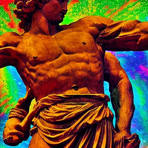 Prompt: greek statue dabbing, 9 0 s style psychadelic background, grainy artifacts