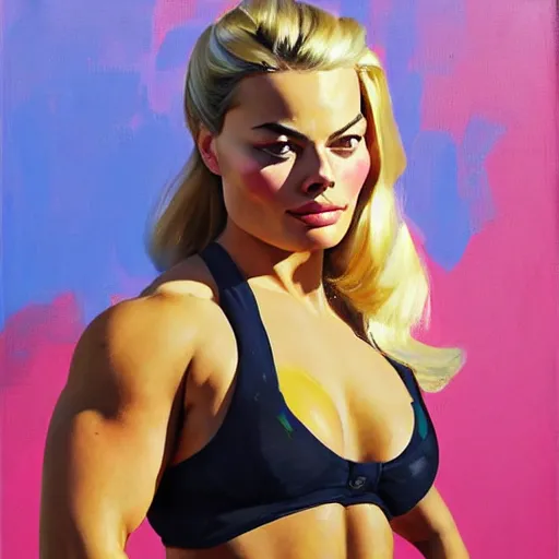 Image similar to greg manchess portrait of margot robbie as thick very muscular weightlifter with twintails and blondehair, eyes closed, medium shot, asymmetrical, profile picture, organic painting, sunny day, matte painting, bold shapes, hard edges, street art, trending on artstation, by huang guangjian and gil elvgren and sachin teng