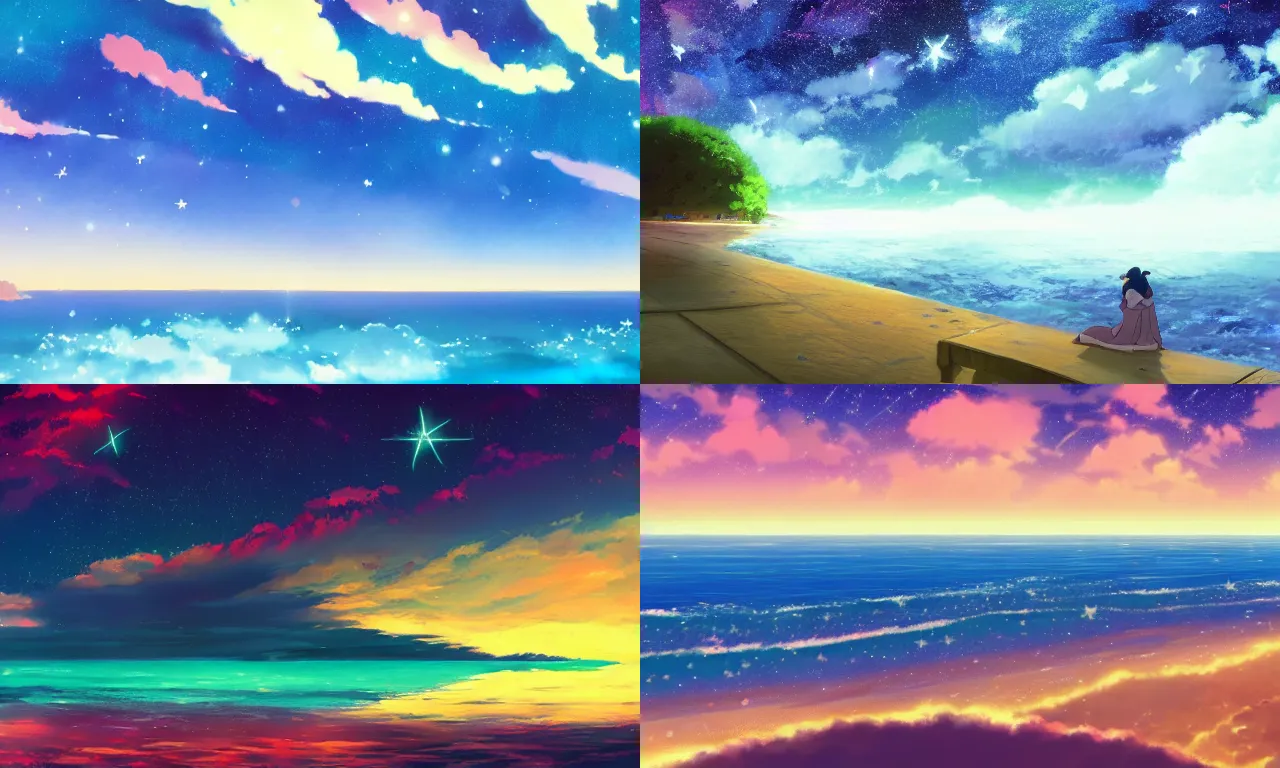 Prompt: colord cloud and the sea, full of glowing stars, dreams, fairy tale, colorful, by Makoto Shinkai and kagaya, 4K, super Wide angle