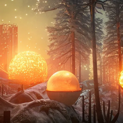 Prompt: a bright glowing sphere picturing a burning medieval city, above treetops of a winter forest, storybook illustration, octane render, detailed painting, by katherine federer, anthony pafford, harry gamboa and tracy flickinger