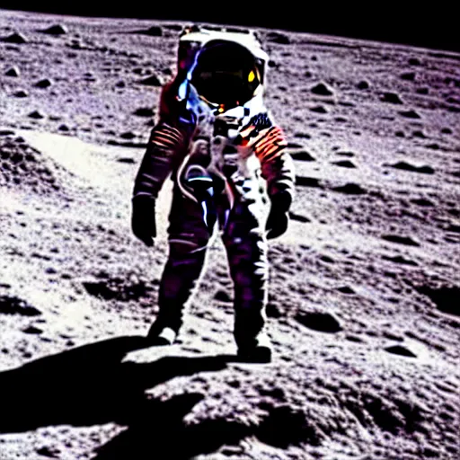 Image similar to old photo of an astronaut on his suited horse, photo taken on the moon