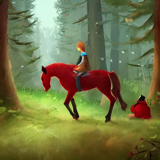 Prompt: a little red riding a horse through a forest, a storybook illustration by nina tryggvadottir, pixiv contest winner, environmental art, 2 d game art, storybook illustration, concept art