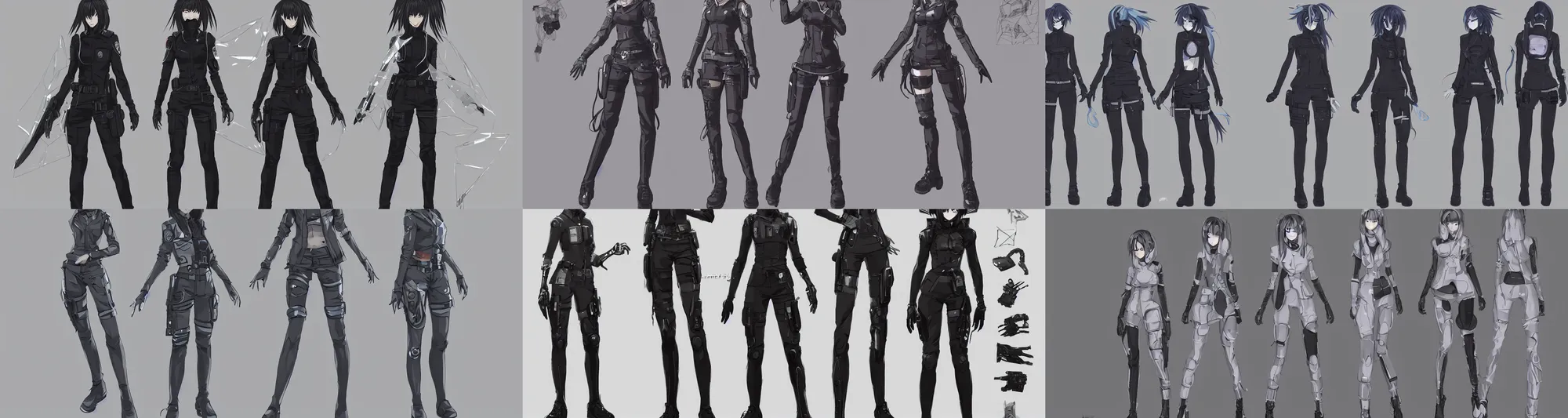 Prompt: a female anime cyberpunk dream police detective, character concept exploration, concept art, inspired by ergo proxy, clear outfit design, techwear, trending on artstation, clear shapes, clean edges