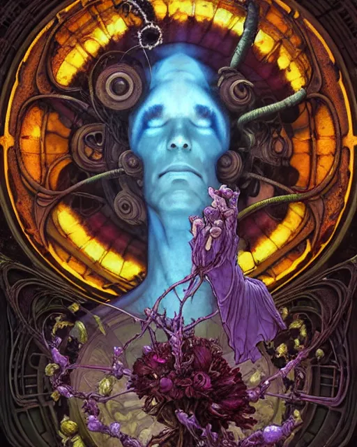 Image similar to the platonic ideal of flowers, rotting, insects and praying of cletus kasady carnage thanos nazgul doctor manhattan chtulu mandelbulb princess mononoke bioshock davinci heavy rain, d & d, fantasy, ego death, decay, dmt, psilocybin, art by artgerm and greg rutkowski and alphonse mucha