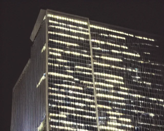 Image similar to a very tall building lit up at night, a photo by richard wilson, featured on flickr, brutalism, nightscape, flickering light, chiaroscuro