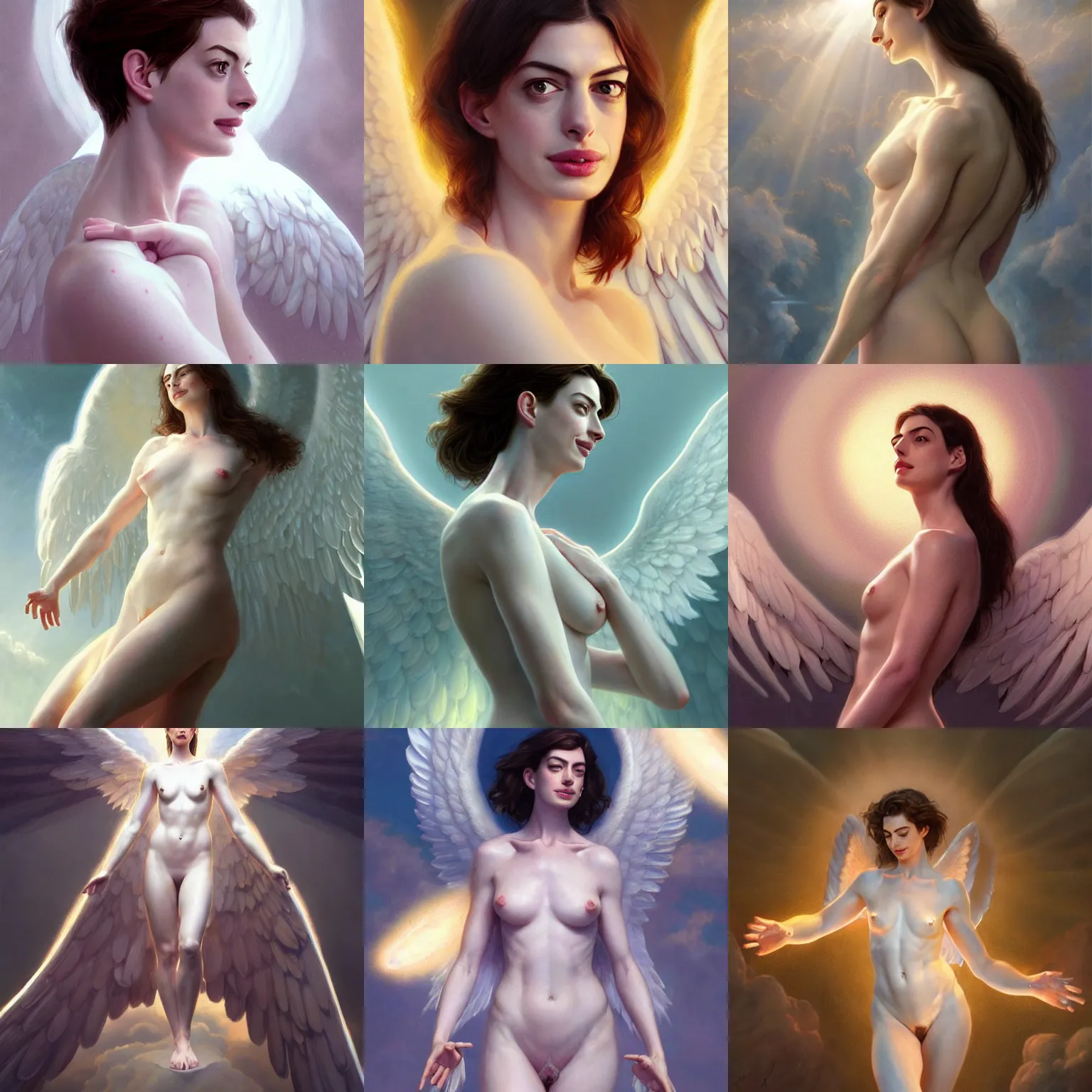 Prompt: anne hathaway as a heavenly angel, anatomy, bathing in light, highly detailed, digital painting, artstation, concept art, smooth, sharp focus, illustration, unreal engine 5, 8 k, art by art by artgerm and greg rutkowski and edgar maxence