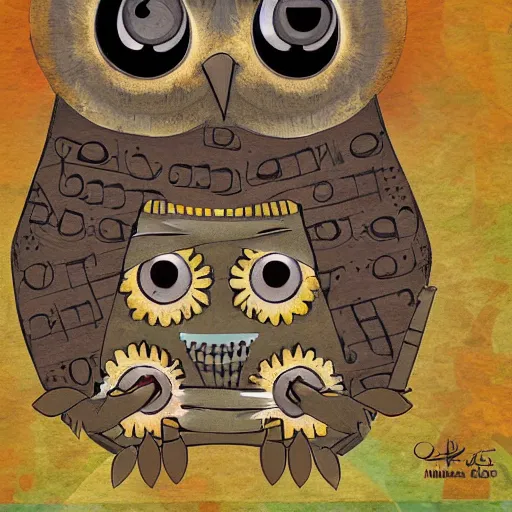 Prompt: owl playing pan flute, digital art