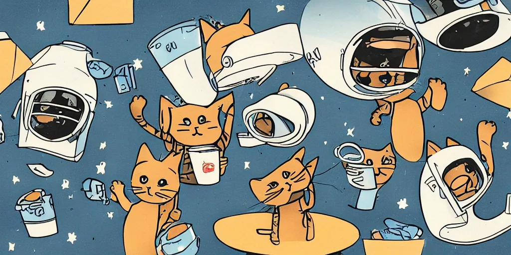 Image similar to illustration of cats in spacehelmets in an office building tossing donuts in the air and slapping coffee cups off of conputer tables, in the style of roger deakins