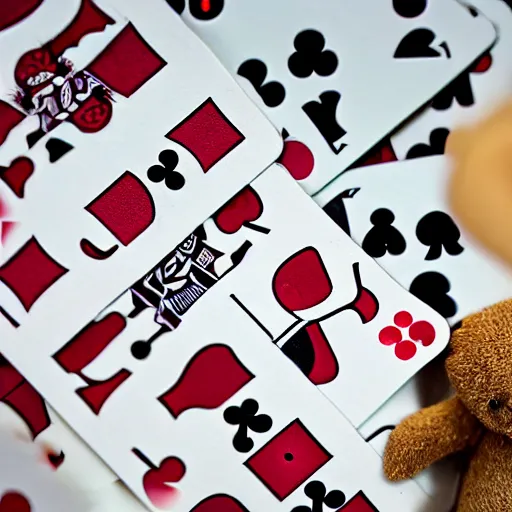 Image similar to a photograph of a teddybear holding a pack of playing cards, 50mm, depth of field