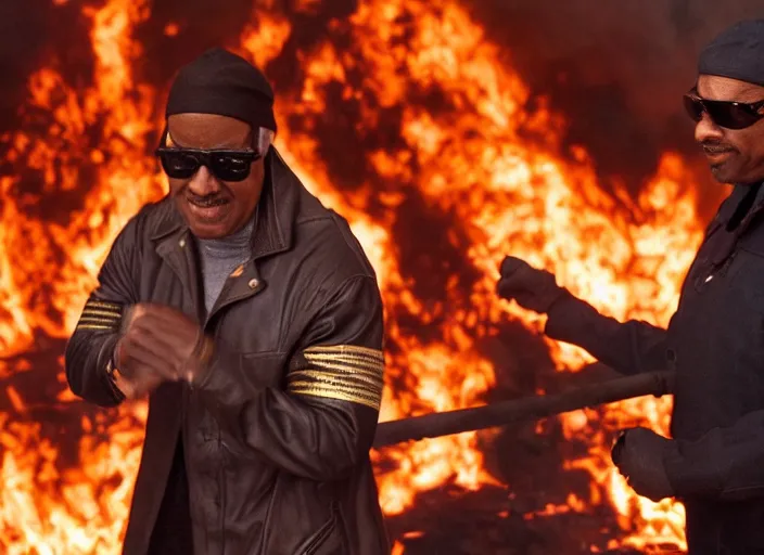 Image similar to film still of Stevie Wonder fighting a Fire in the new Backdraft movie, 8k