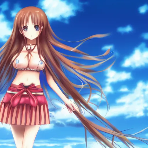 Image similar to a very beautiful young yuuki asuna,, full body, long wavy hair, sky blue eyes, full round face, bikini, miniskirt,, cinematic wallpaper by kentaro miura