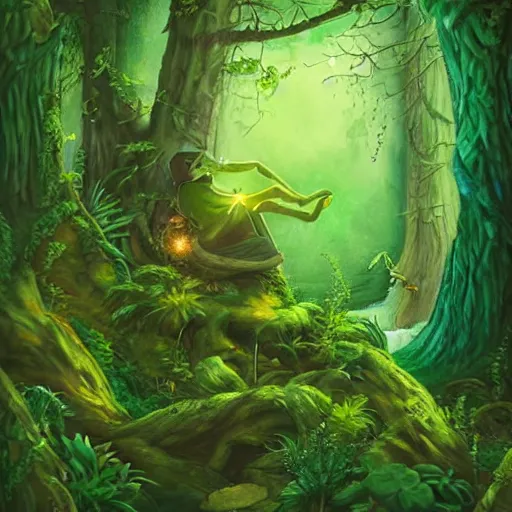 Image similar to a green genie deep in the forest, fantasy illustration