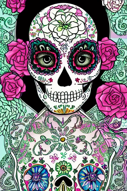 Prompt: illustration of a sugar skull day of the dead girl, art by mingchen shen