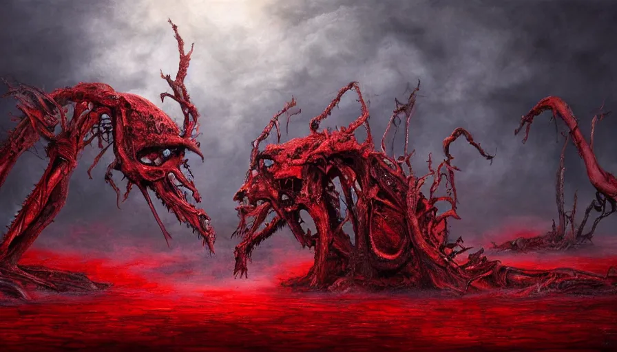 Image similar to landscape artwork of two demons hugging each other emerging from corpses in a red hellscape by Yoshitaka Amano, by HR Giger, full body wide shot, biomechanical, 4k, hyper detailed, hyperrealism, anime, red sky, blood and body parts, deviantart, artstation