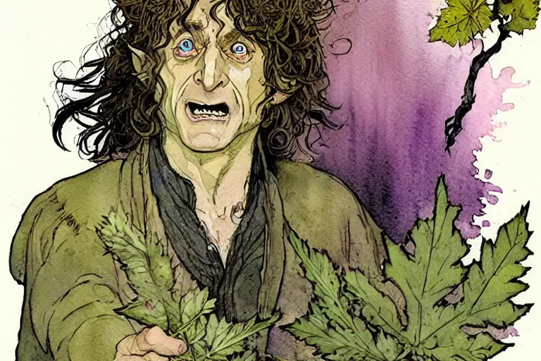 Image similar to a realistic and atmospheric watercolour fantasy character concept art portrait of bilbo baggins with pink eyes freaking out with a pot leaf nearby, by rebecca guay, michael kaluta, charles vess and jean moebius giraud