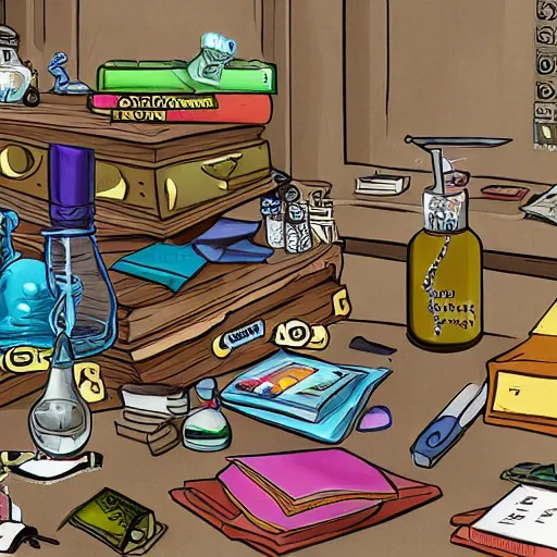 Image similar to the cluttered desk of a potion master