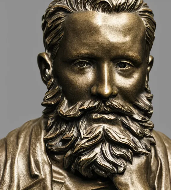 Image similar to a 4 k photorealistic photo medium shot of a bronze statue of a man with a beard.