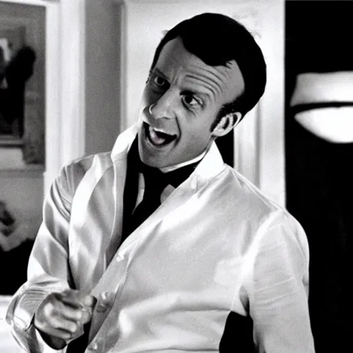 Prompt: Emmanuel Macron using a knife in American Psycho (1999)