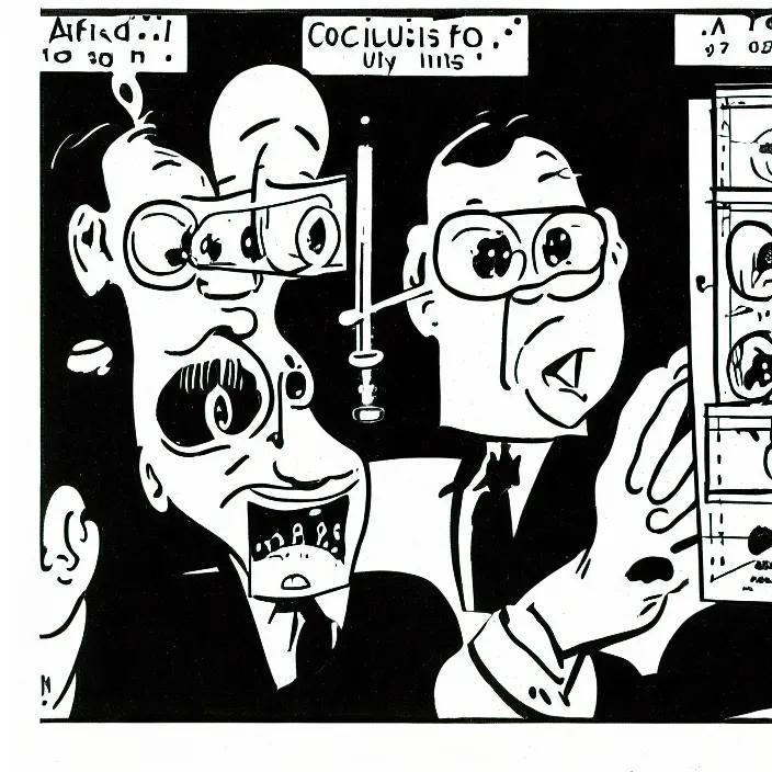 Prompt: a still frame from comic strip, a scientist making funny experiment 1 9 5 0, herluf bidstrup, new yorker illustration, monochrome contrast bw, lineart, manga, tadanori yokoo, simplified,