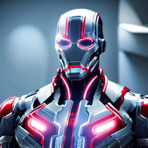 Image similar to still photo of marvel ultron, highly detailed, photorealistic portrait, bright studio setting, studio lighting, crisp quality and light reflections, unreal engine 5 quality render,