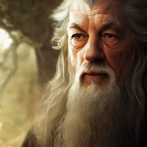 Image similar to a portrait of gandalf cinematic lighting, photorealistic, octane render, 8 k, depth of field, 3 d, art by artgerm and greg rutkowski and alphonse mucha and uang guangjian and gil elvgren and sachin ten