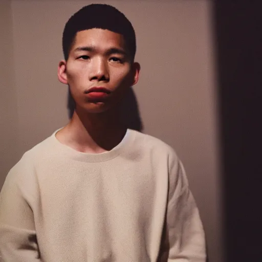 Prompt: realistic! photoshoot for a new balenciaga lookbook, color film photography, portrait of a beautiful asian person, photo in style of tyler mitchell, 35mm