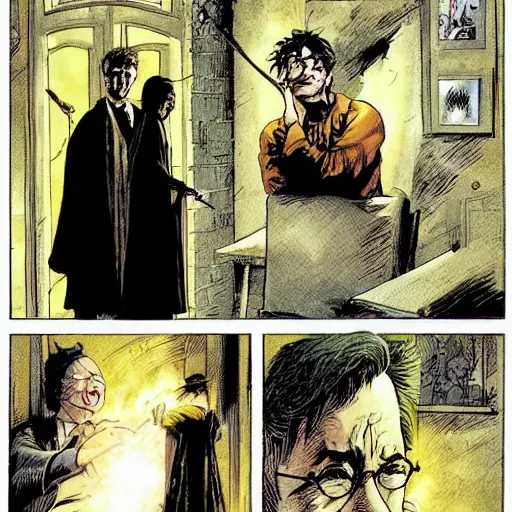 Image similar to in one frame Harry Potter talking to the Sandman in The Sandman comic, by Neil Gaiman, by Dave McKean, comics Sandman, small details, whole-length, clear faces