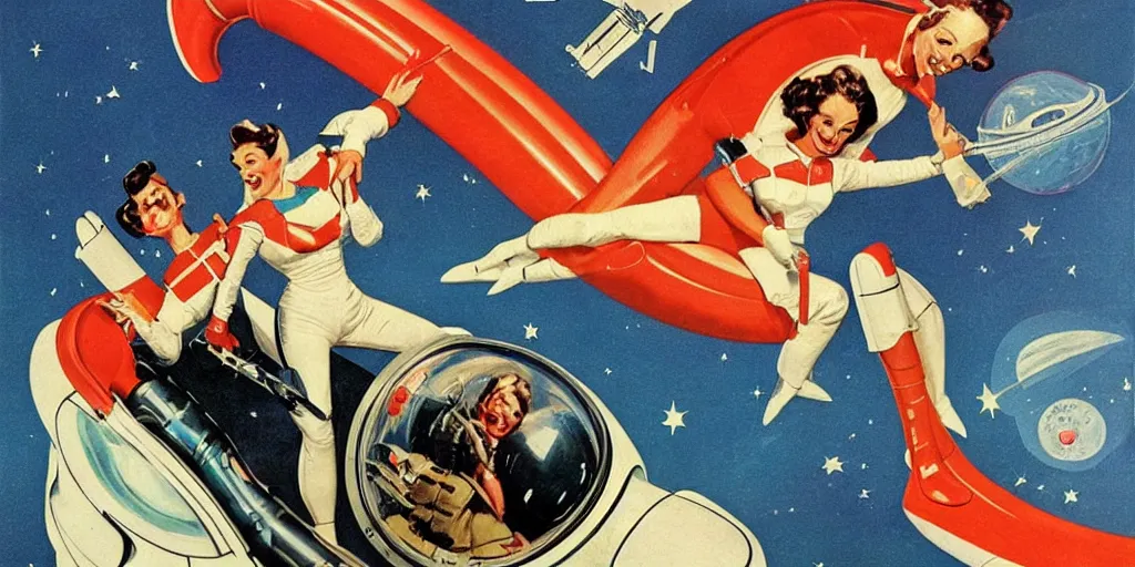 Image similar to Retro Sci-Fi. Women in the space suit riding a retro rocket in space. 1950s illustration. Sci-Fi. Pinup. Women in the space suit riding a retro rocket in space. Norman Rockwell